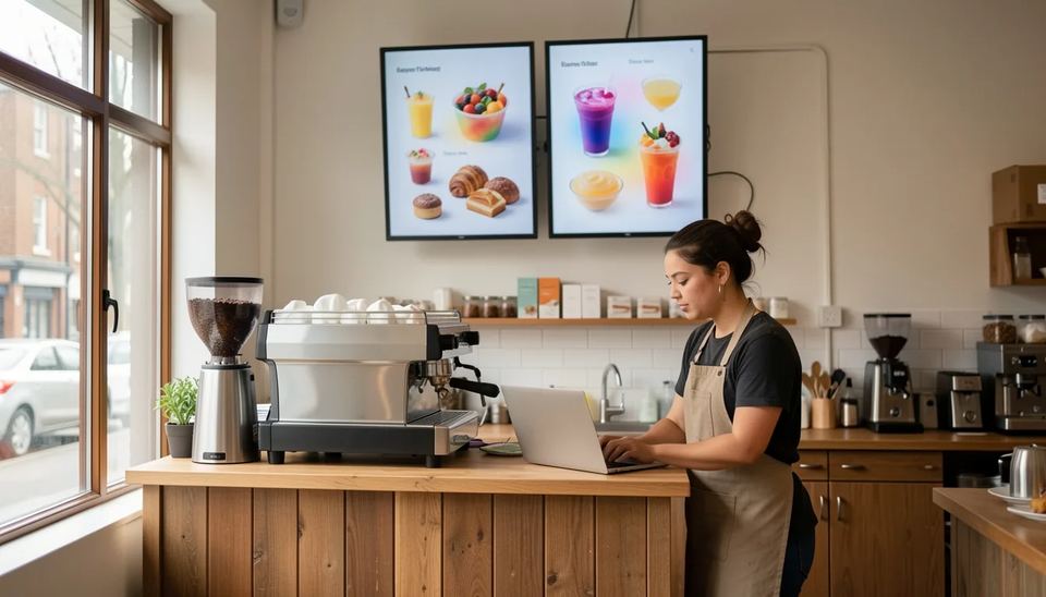 Cafe counter with two digital menu boards while a barista edits screen content with AI tools on a laptop