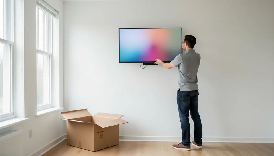 Installer hanging a slim 55-inch all-in-one signage display on a wall bracket in a small office