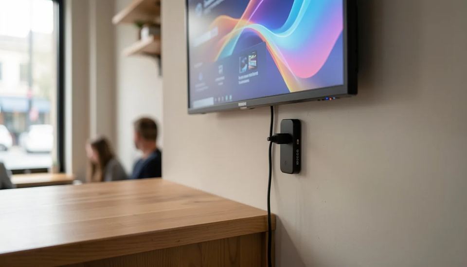 Small digital signage player stick plugged into the back of a cafe menu screen, powered from the TV USB port