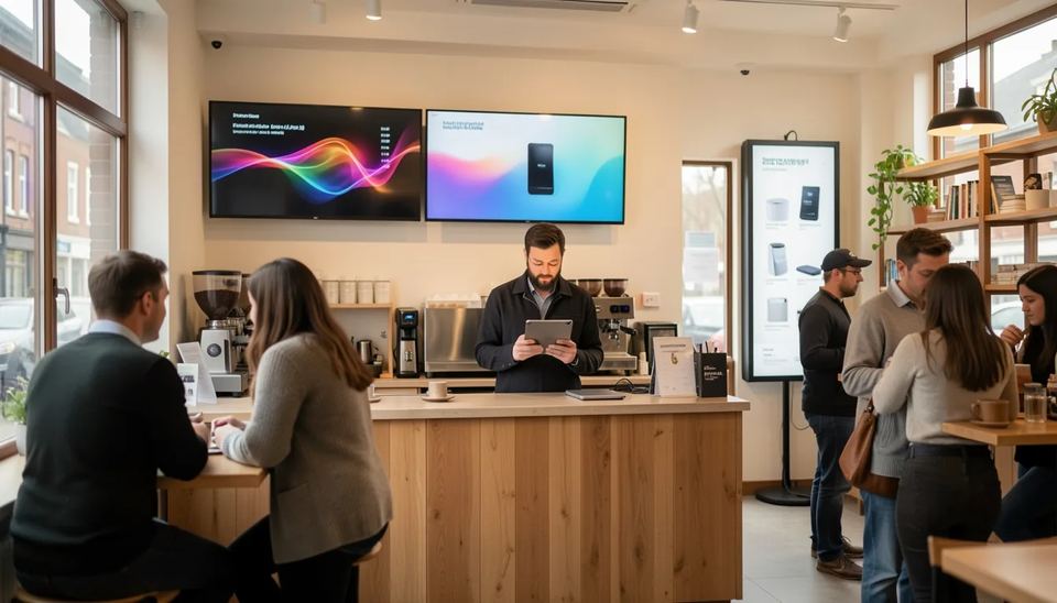 Cafe owner updating digital signage software on a tablet with menu screens above the counter