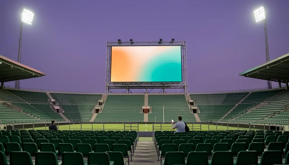 Empty stadium at dusk with a large LED scoreboard above the stands, the kind of display Daktronics builds
