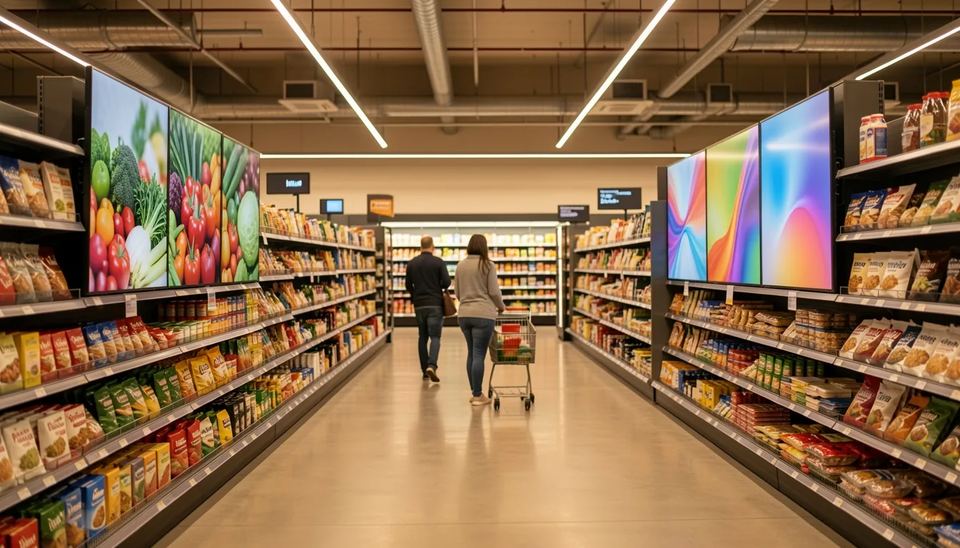 Grocery aisle with endcap digital signage screens and e-paper shelf signs, a 2026 digital signage trend