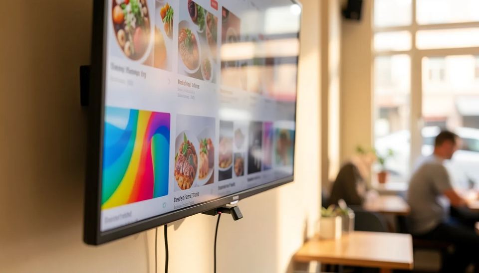 HDMI media stick plugged into the back of a cafe menu screen, a Fire TV Stick replacement for digital signage