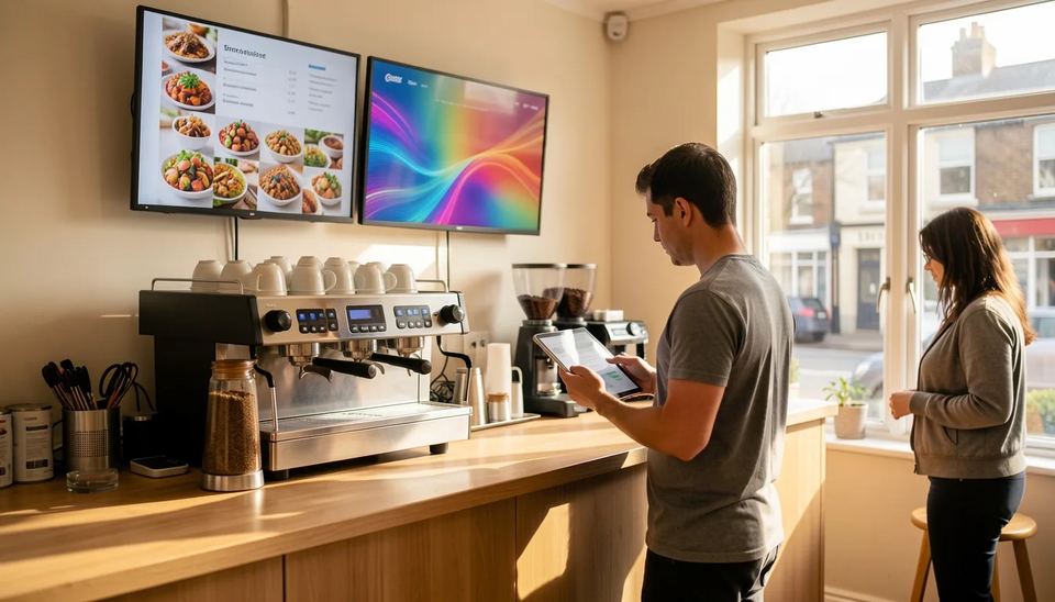 Cafe owner updating two digital menu screens from a tablet, a typical Yodeck alternative setup