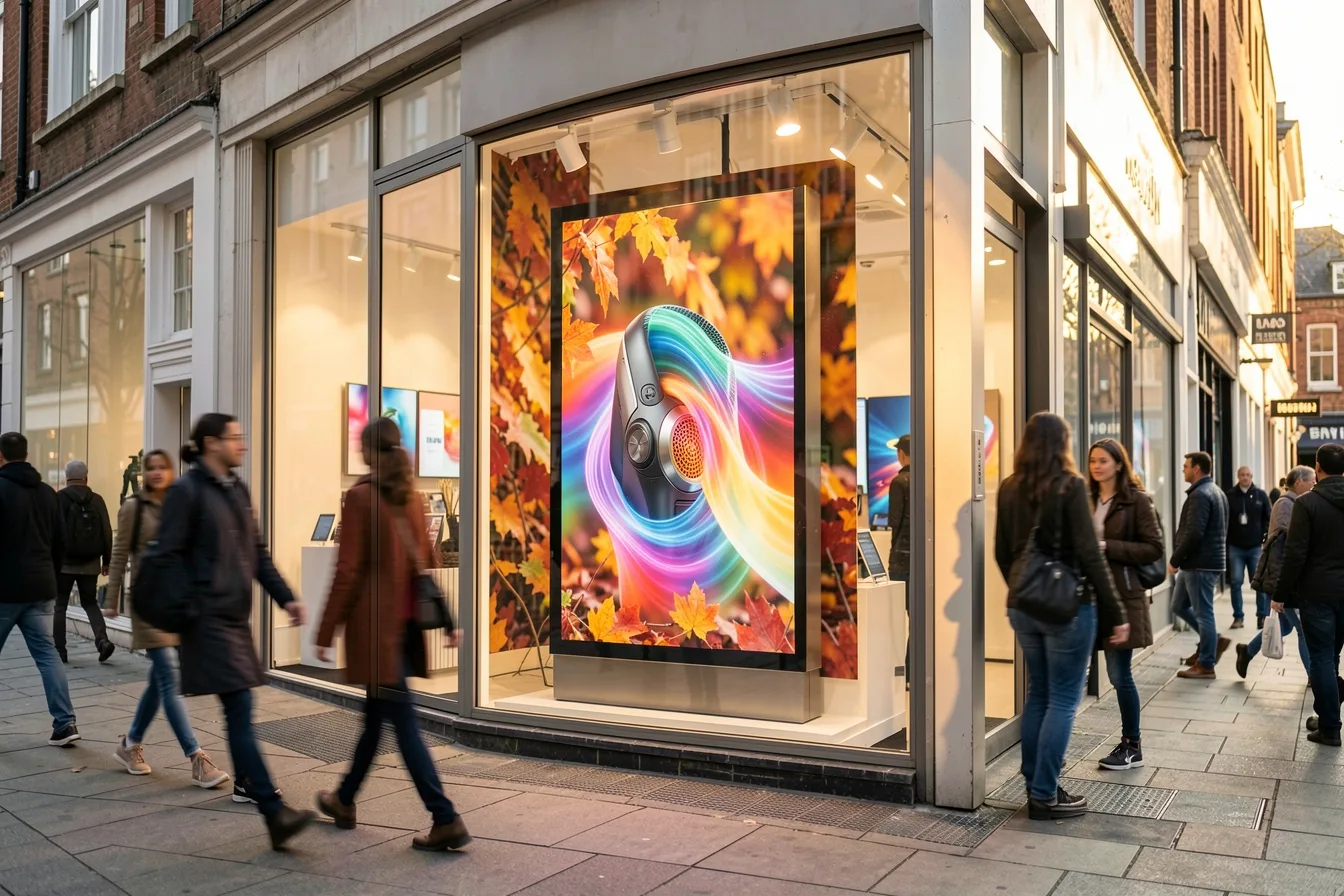 Shop window display screen showing a product on an autumn background, seen from the street