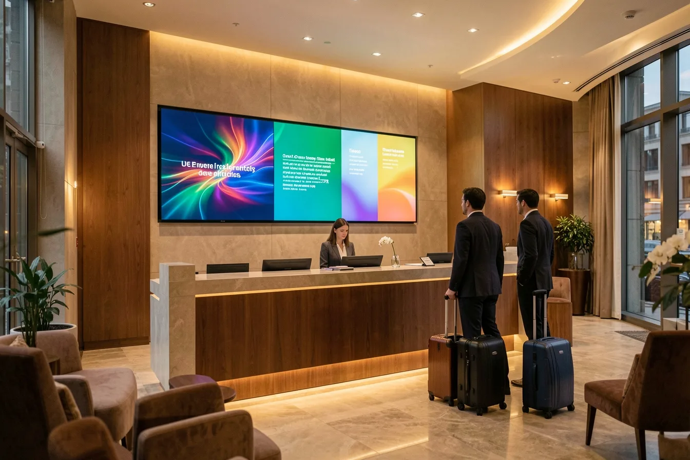 Hotel lobby screen with three content zones for multilingual notices, guests reading it near reception