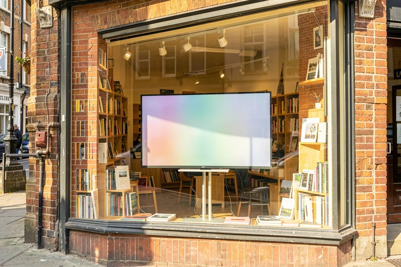 Indoor signage screen in a sunny bookshop window washed out by glare and reflections