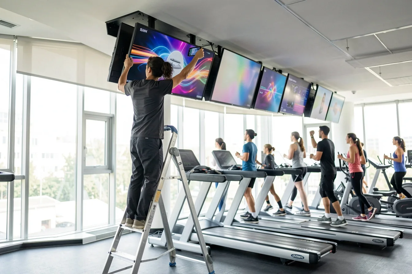 Technician checking a ceiling-mounted gym screen where a digital signage player runs without a separate power outlet