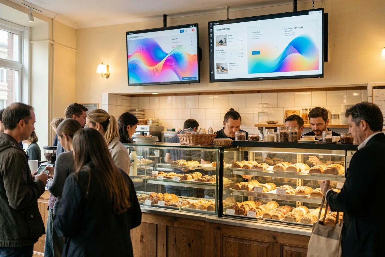 Cafe counter with two digital menu boards run by signage players, customers queuing at breakfast