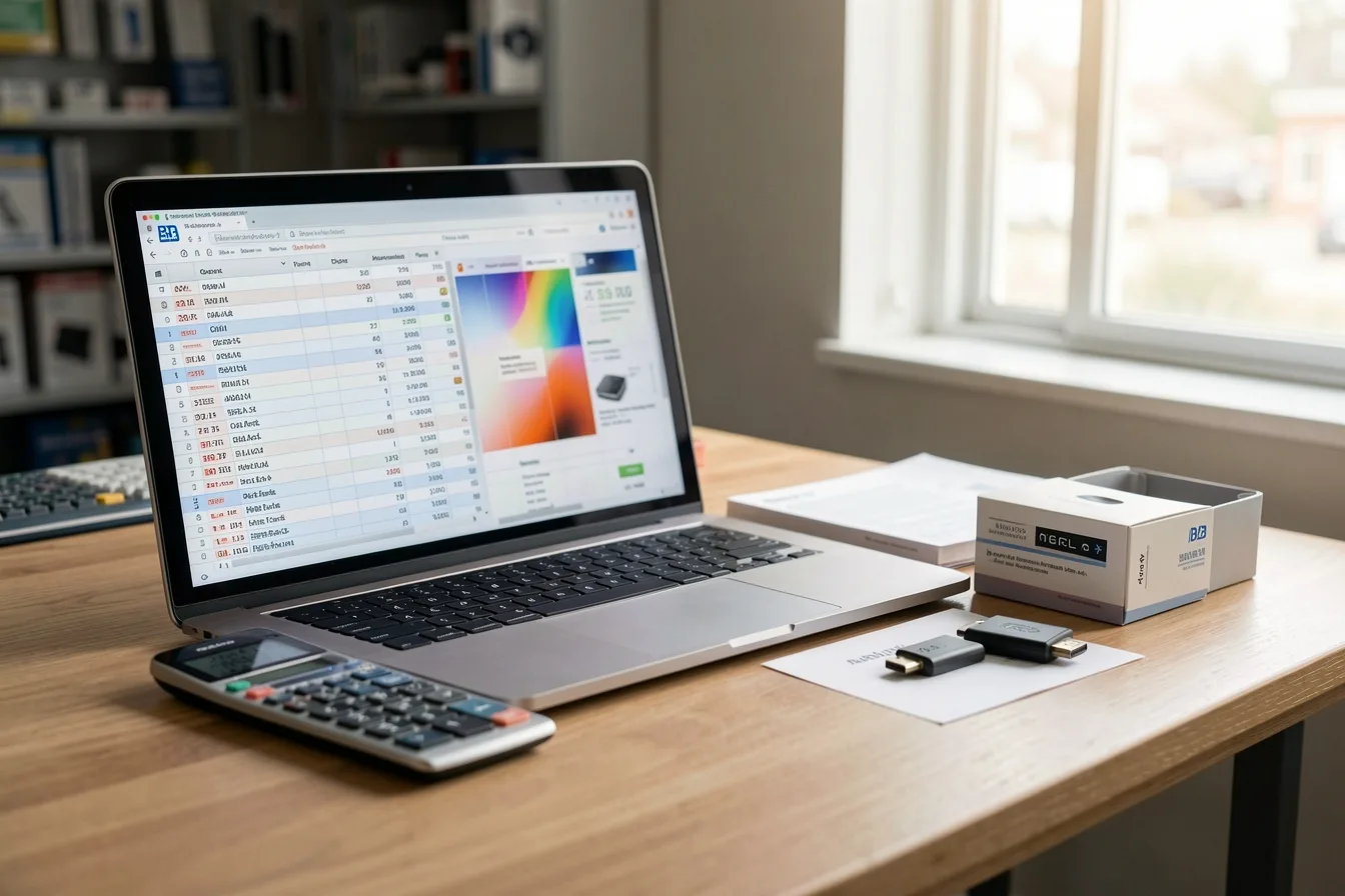 Desk with laptop, calculator and small media players while budgeting digital signage per screen