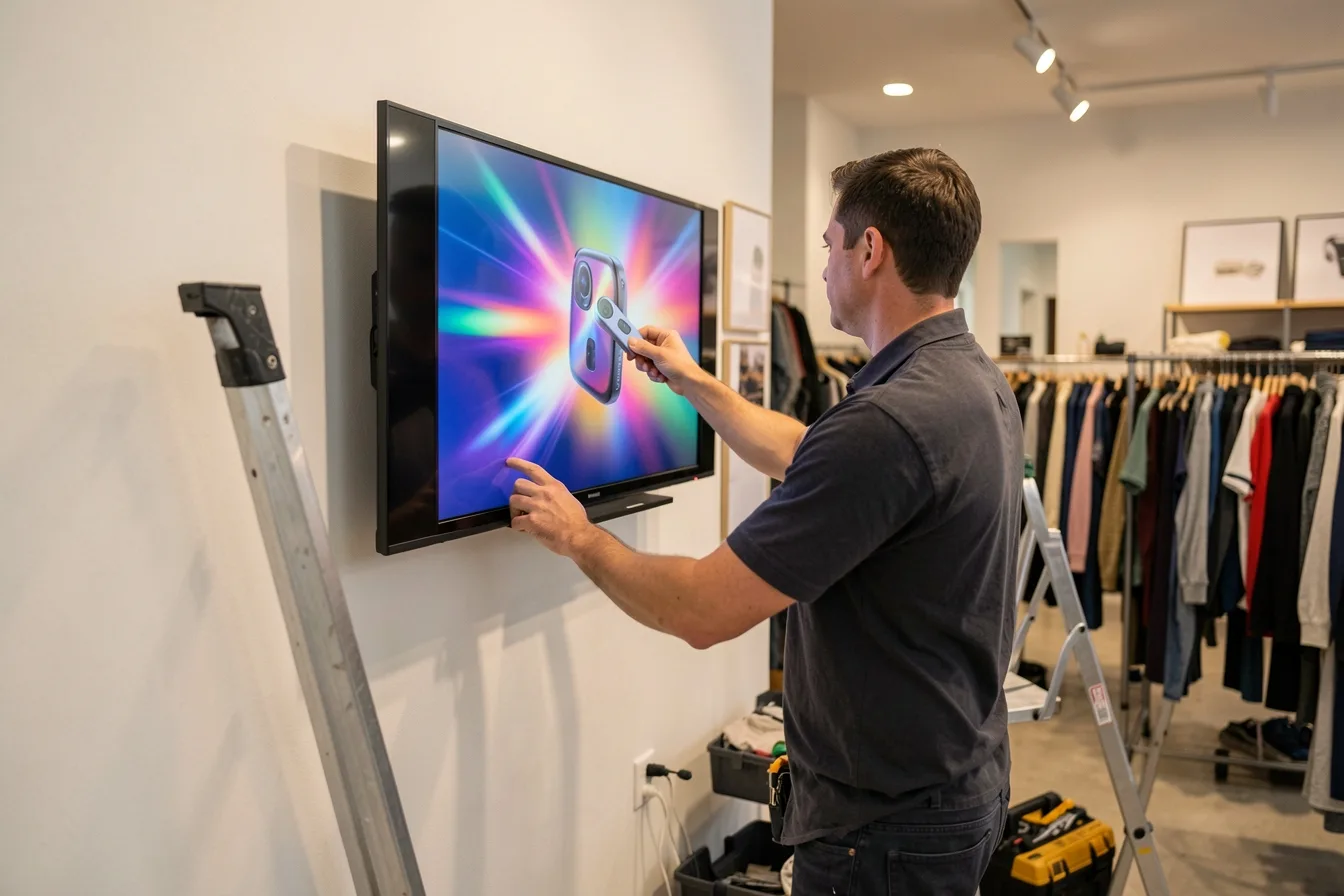 Technician attaching a small signage player behind a wall-mounted TV in a boutique
