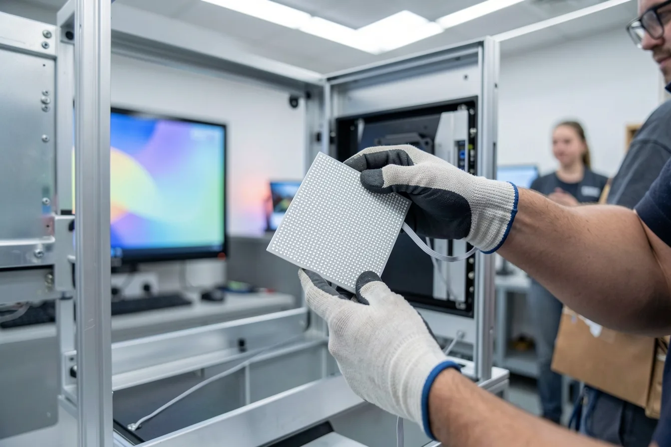 Technician removing a fine pitch LED module from a video wall cabinet, showing the pixel grid up close