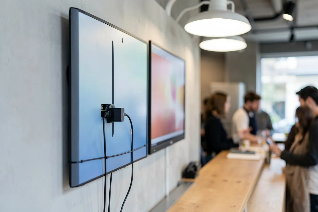 HDMI stick media player plugged into the back of a mounted menu board screen with tidy cables