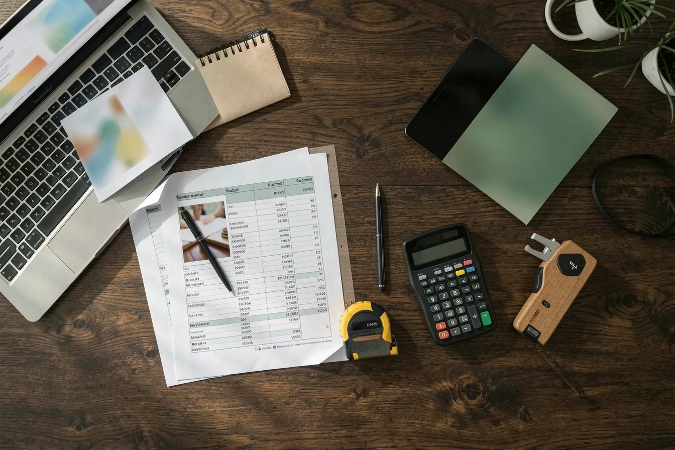 Desk flat lay with a printed digital menu board budget plan, laptop, calculator and tape measure