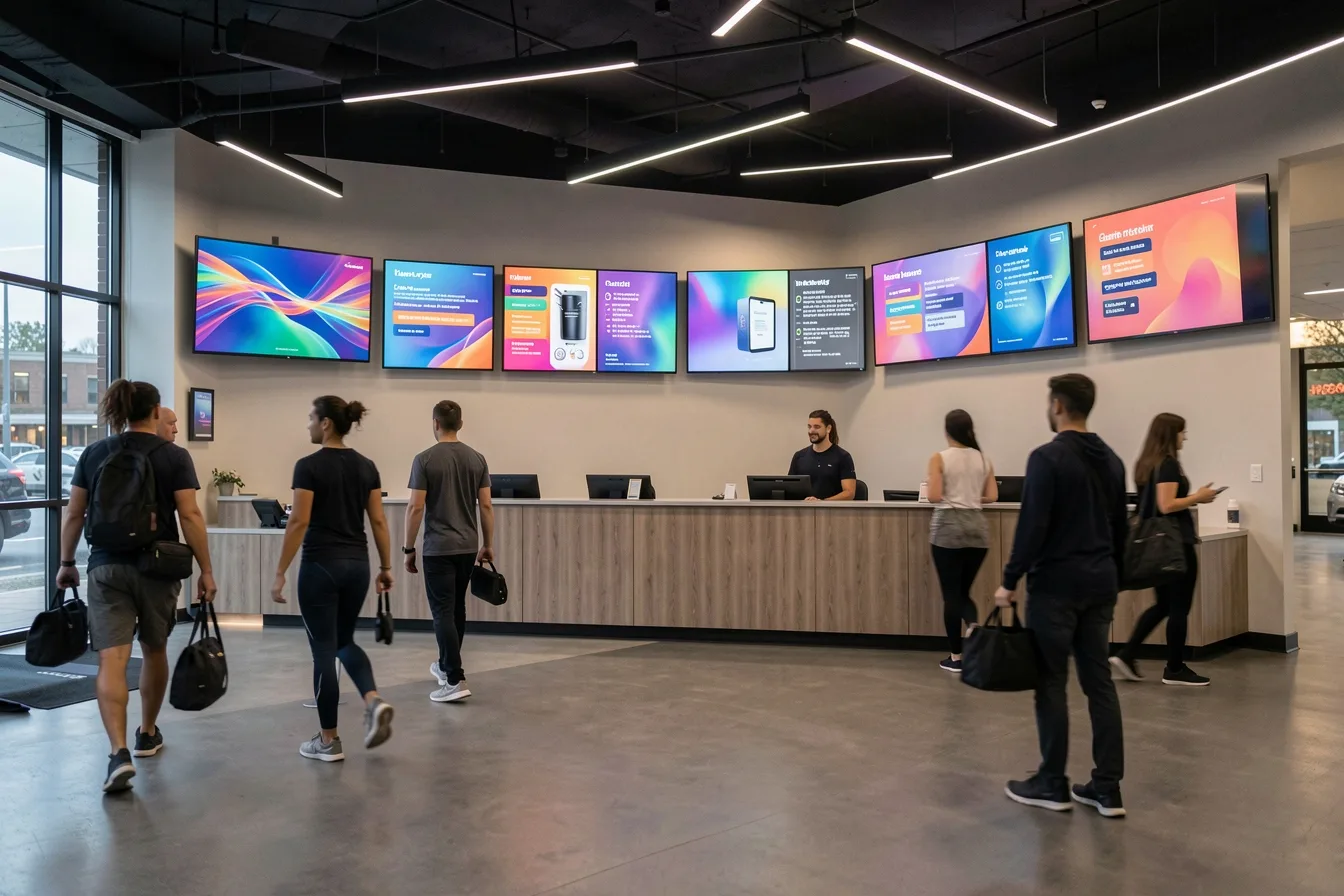 Gym reception with six wall-mounted digital signage screens showing class schedules to members