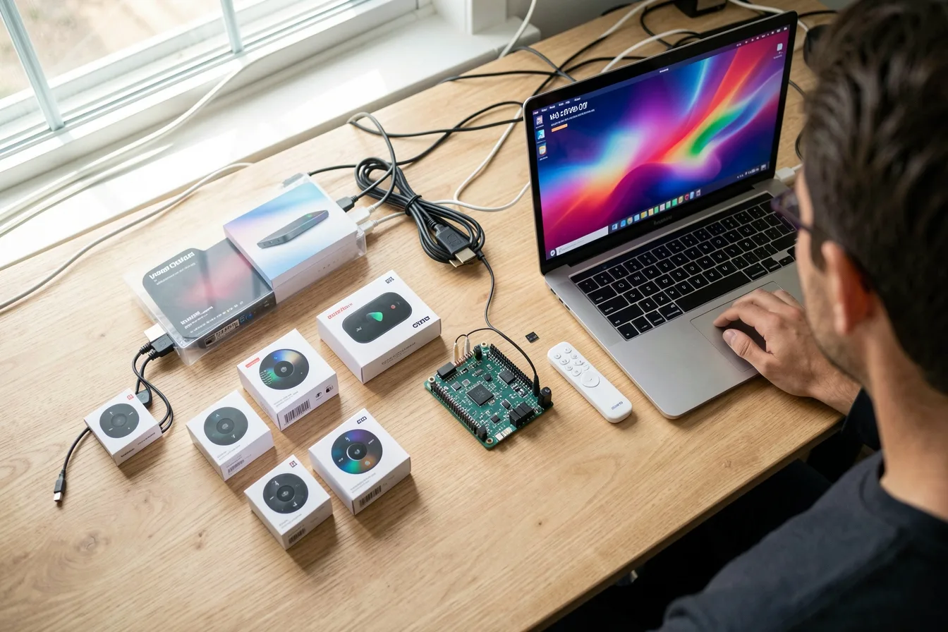 Workbench with different digital signage player types: HDMI sticks, small boxes and a single-board computer