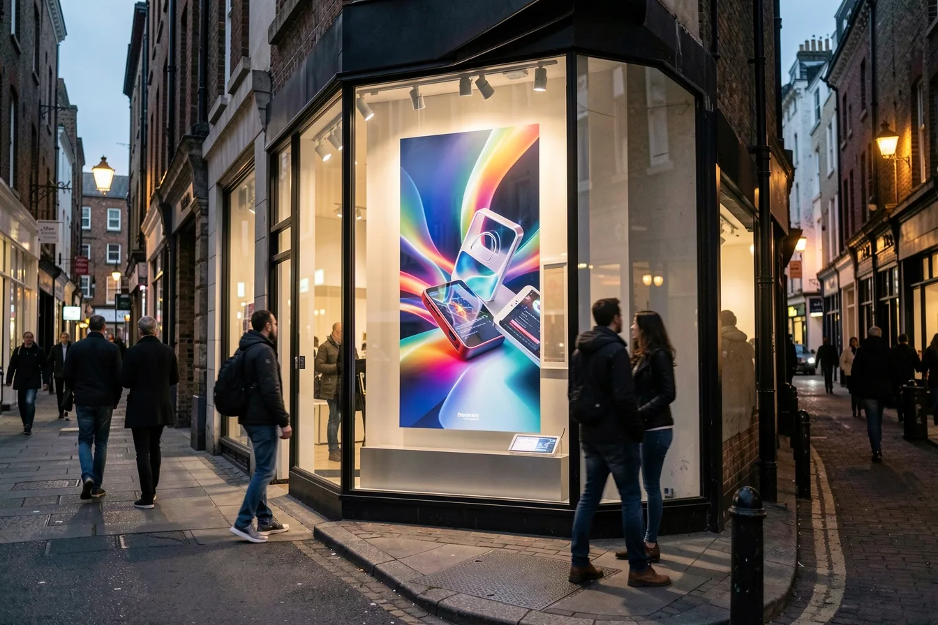 Shop window at dusk with a large vertical display showing 3D-style depth as people walk past