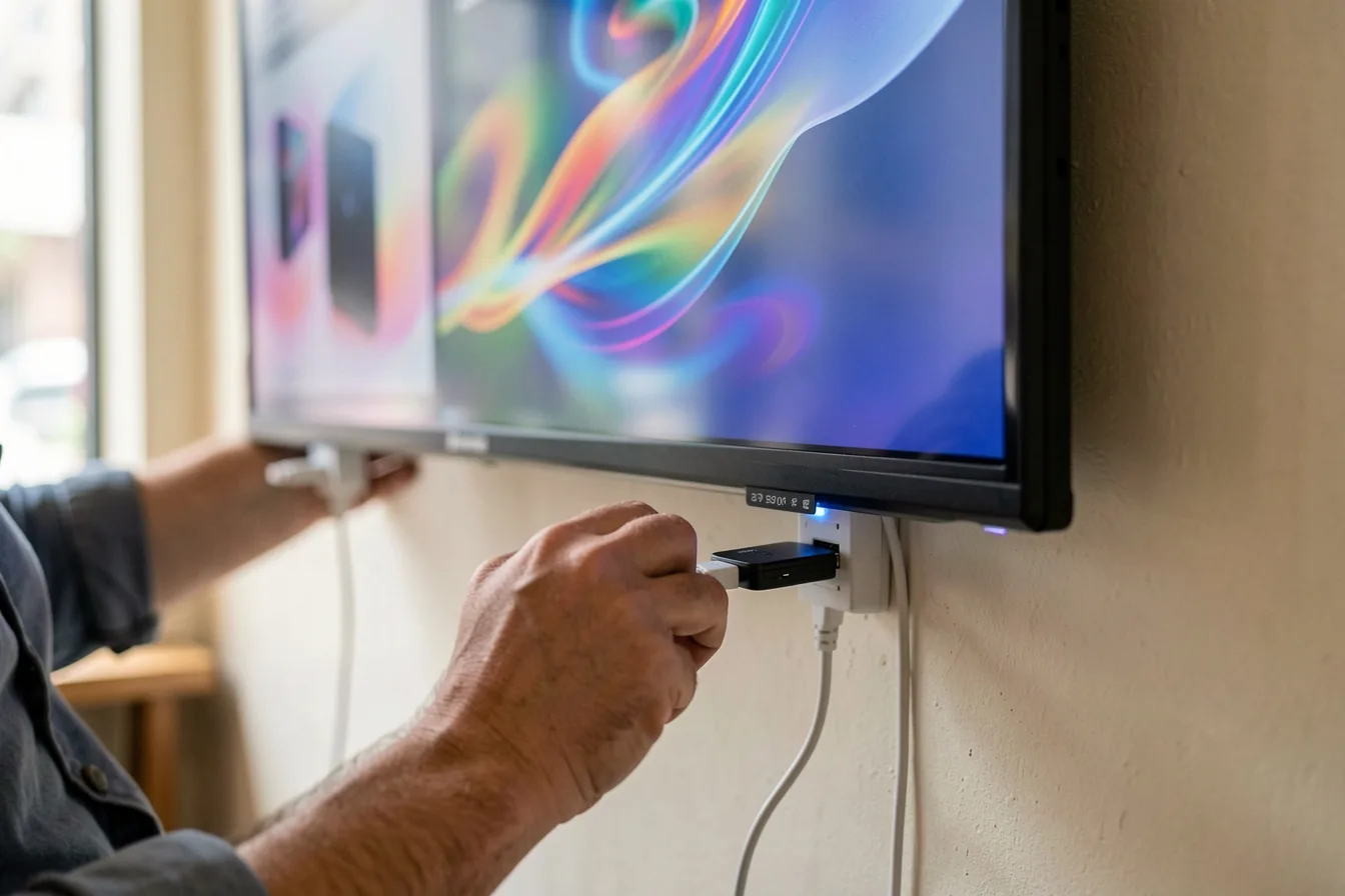 Technician plugging a small HDMI stick player into the back of a wall-mounted cafe menu screen