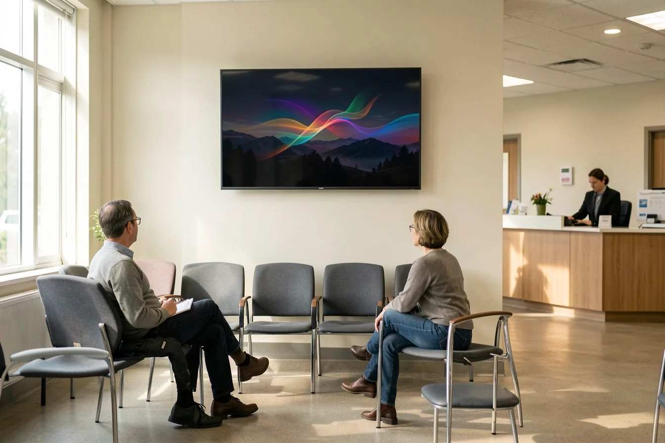 Clinic waiting room signage screen showing a screensaver instead of its static information slide
