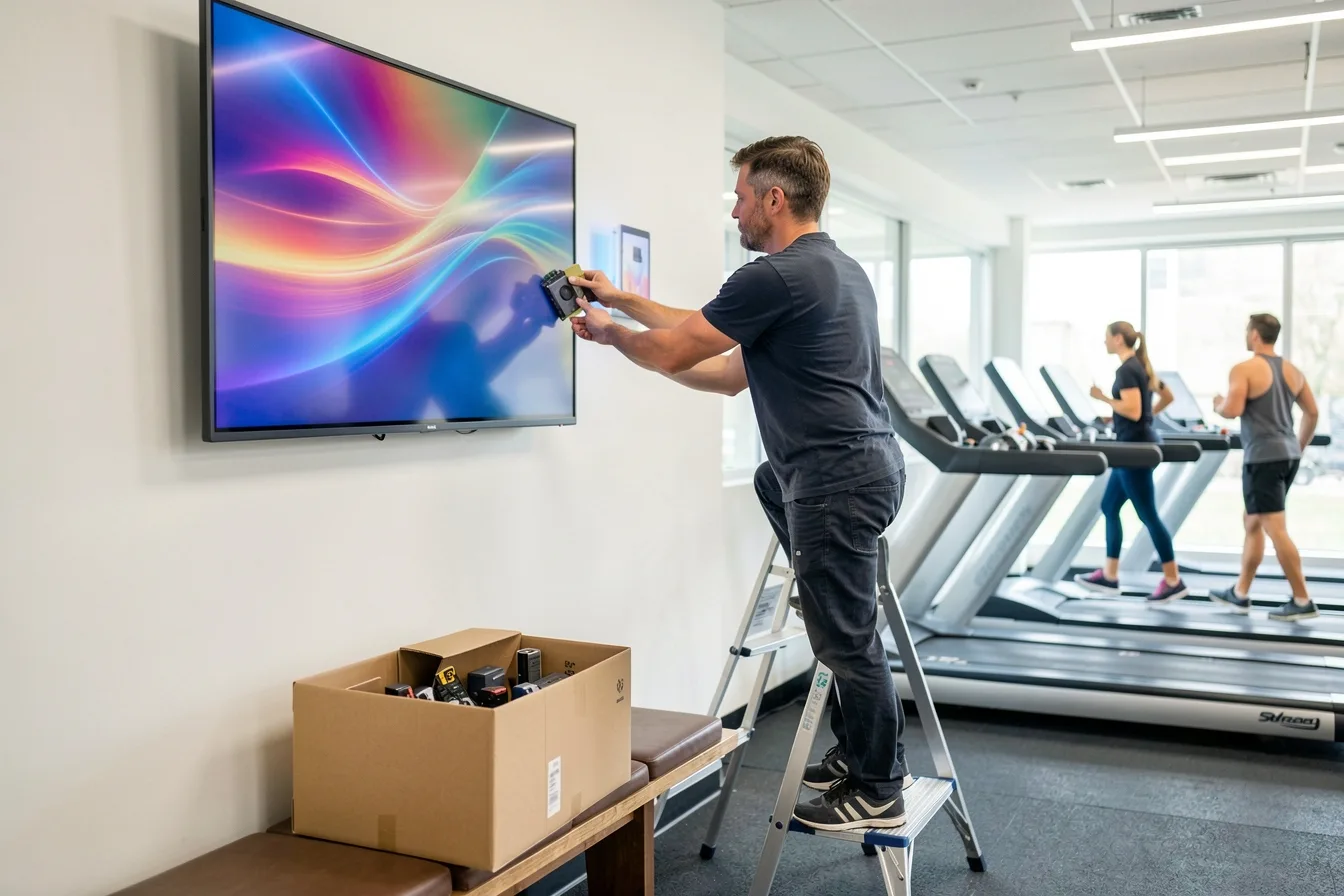 Installer replacing streaming sticks with dedicated digital signage players on gym screens