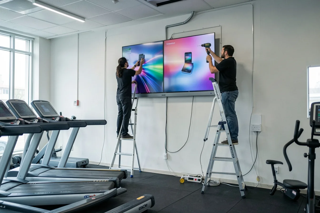Two installers mounting a commercial display above gym treadmills before opening hours