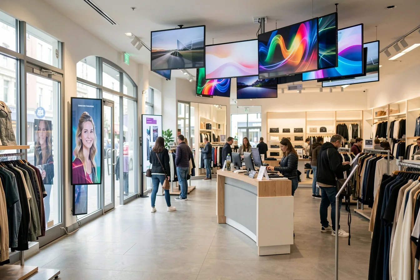 Clothing store with portrait signage screens at the entrance and screens above the checkout