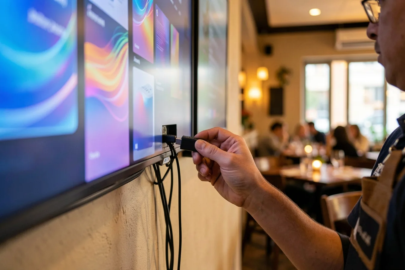 Installer plugs an HDMI stick player into the back of a wall-mounted restaurant menu screen