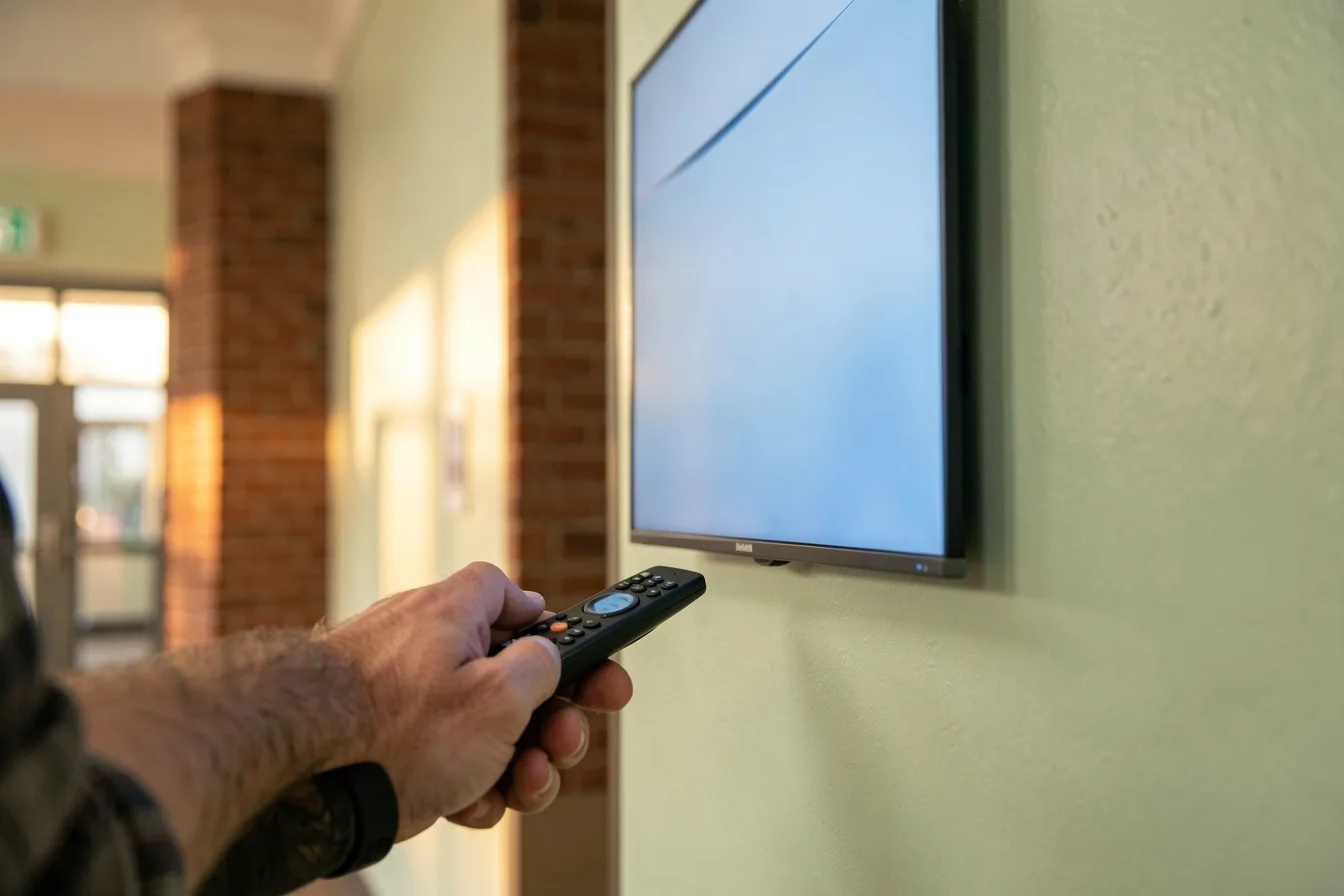 Technician pointing a remote at a wall-mounted signage display in a hallway during setup