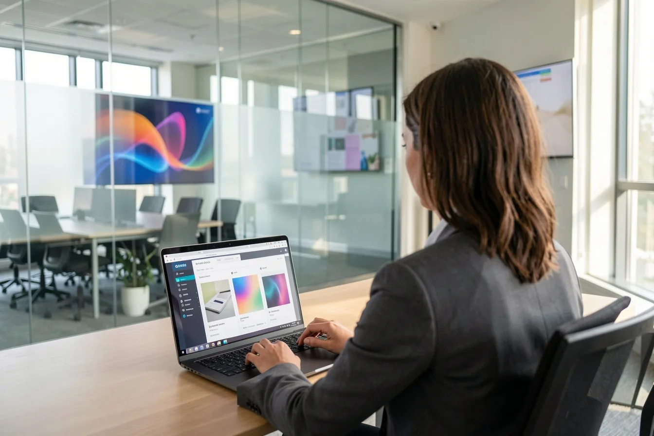 Office manager scheduling screen content on a laptop with a lobby display in the background