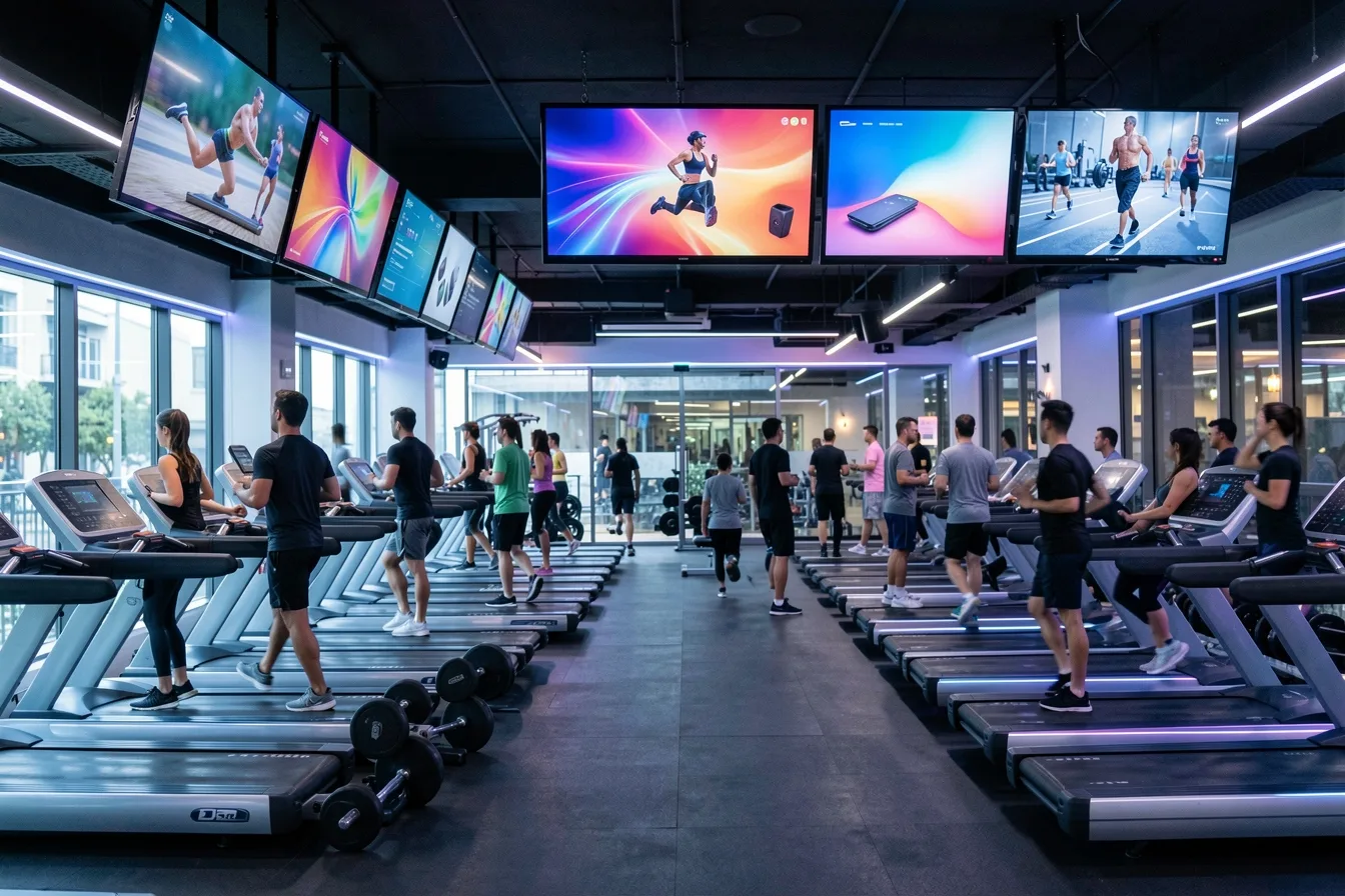 Gym with six ceiling-mounted digital signage screens above treadmills in the evening