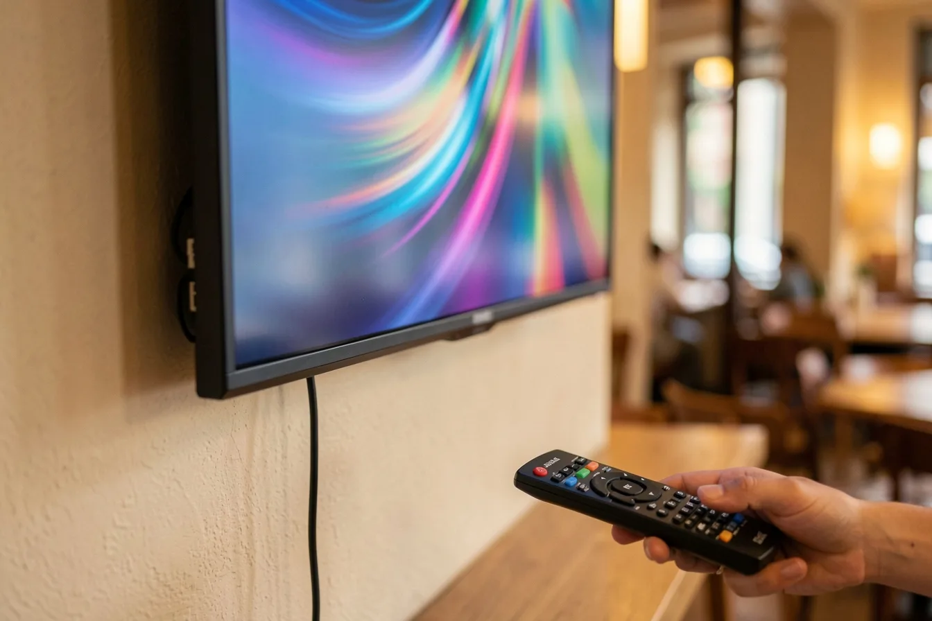 Small HDMI stick player plugged into the back of a wall-mounted TV for HDMI-CEC power control