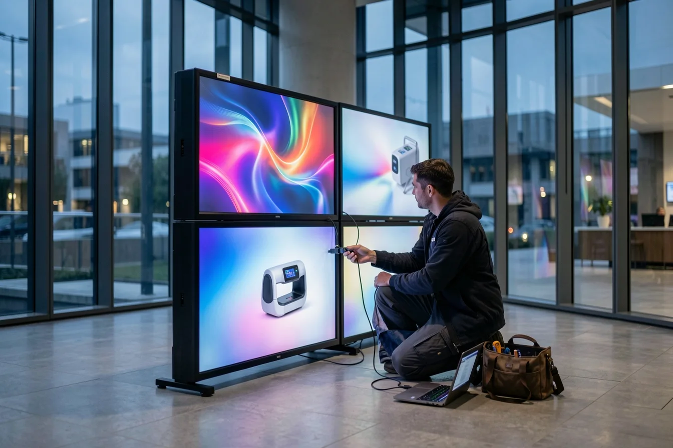 Technician wiring RS-232 control cables behind a lobby video wall to schedule screen power