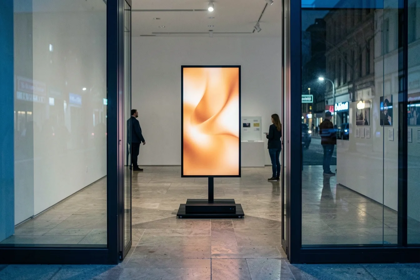 Portrait display on a floor stand in a museum entrance at night with a flat media player box at its base