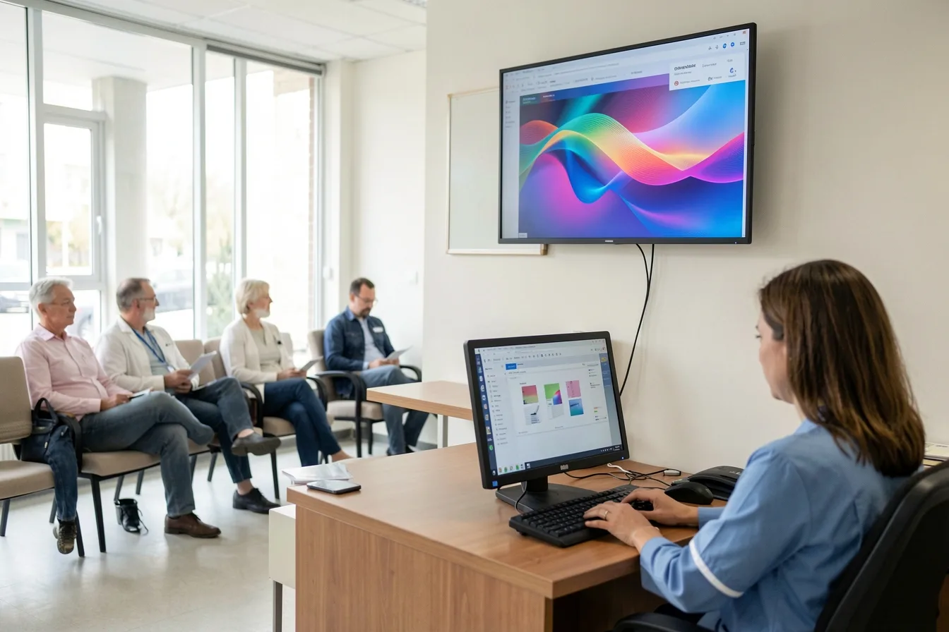 Clinic waiting room screen driven by the reception desktop PC that staff also use for email