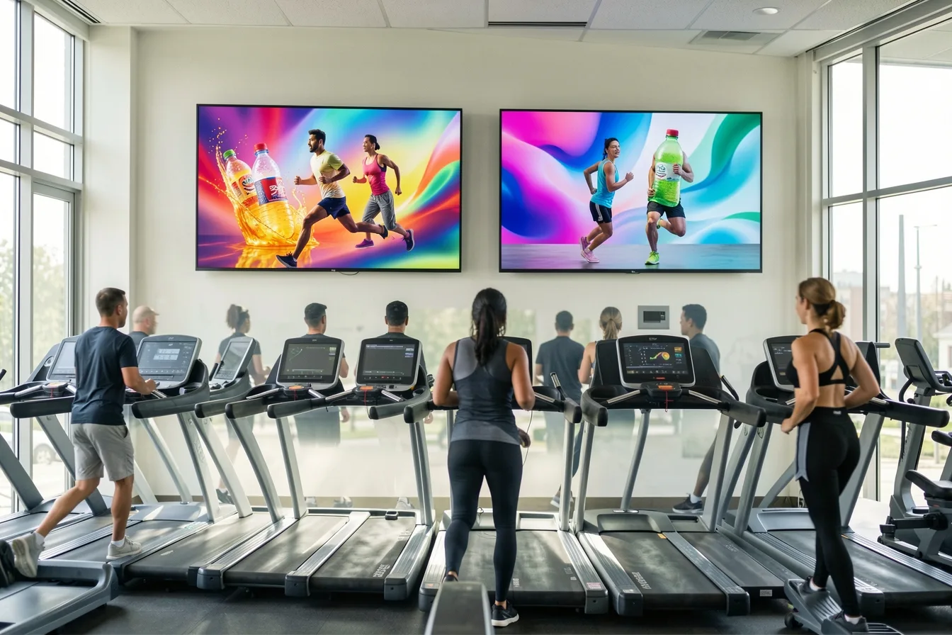 Gym with wall-mounted screens above treadmills, an example of a small screen network that can sell ad slots