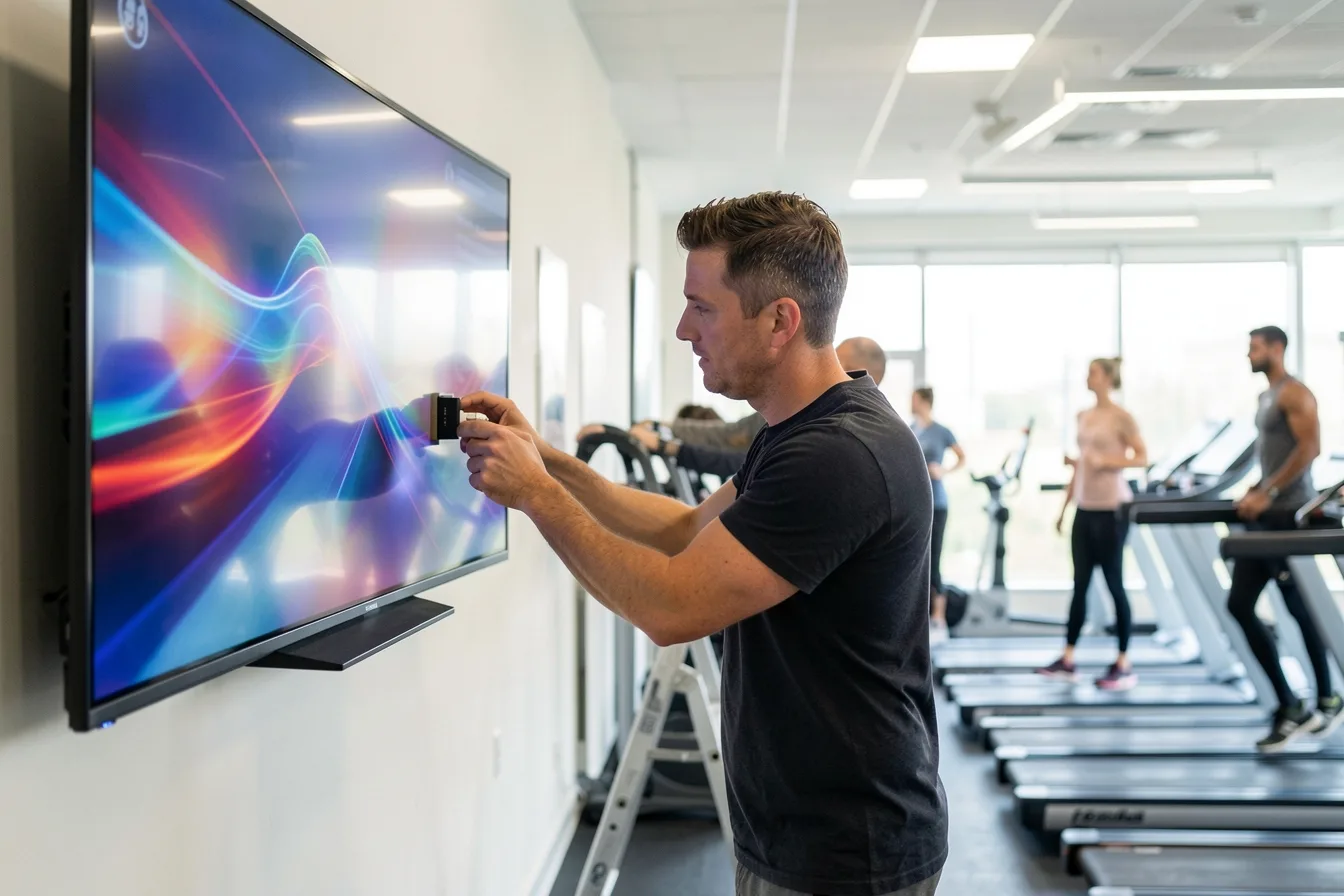 Technician plugging a small HDMI stick player behind a gym TV while switching signage software
