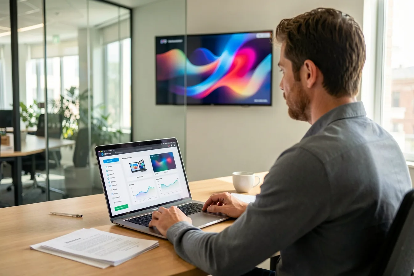 IT manager comparing digital signage software dashboards on a laptop next to a lobby screen
